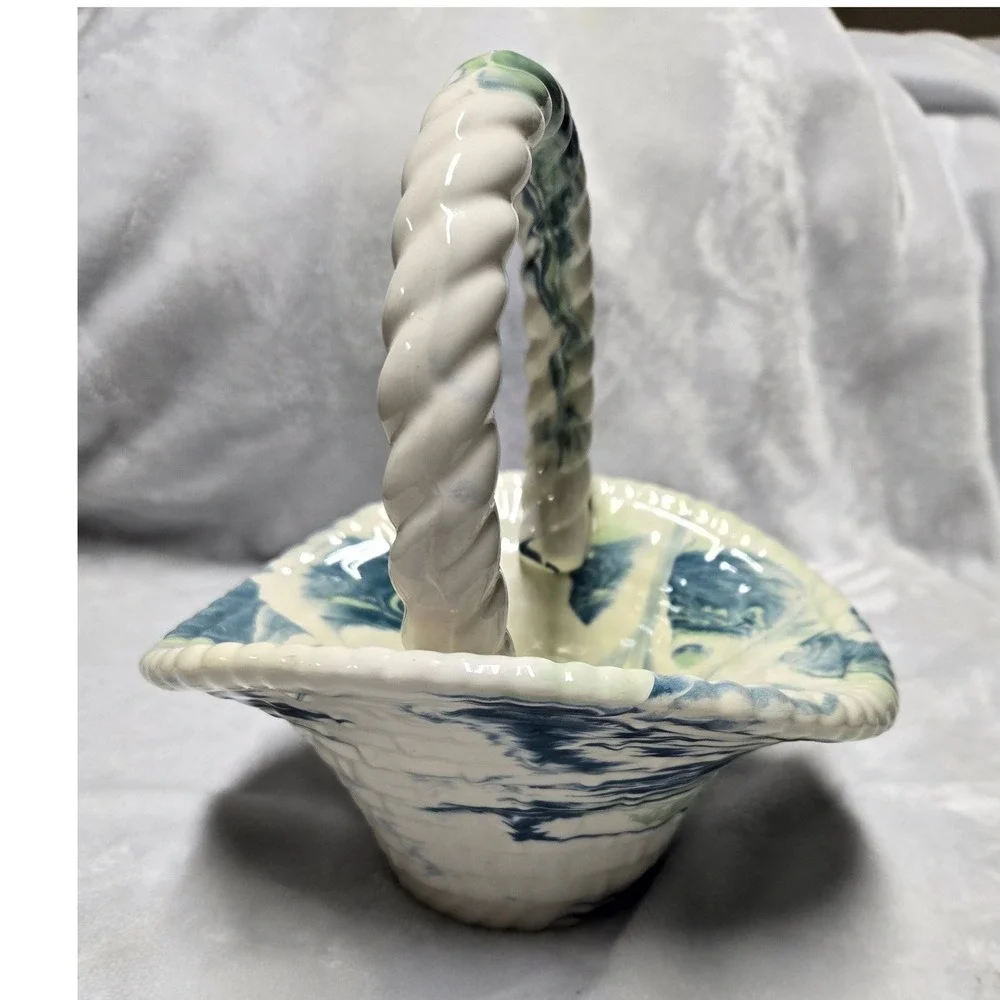 Vintage Signed Ceramic Marbled Blue Green Swirl Woven Basket Twisted Handle